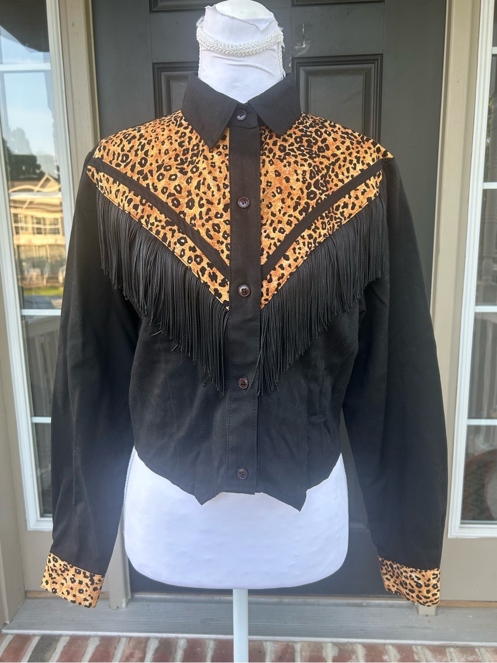 Vintage 80s 90s Banjo Texas Western Fringe Leopard Print Button Up Shirt XS S